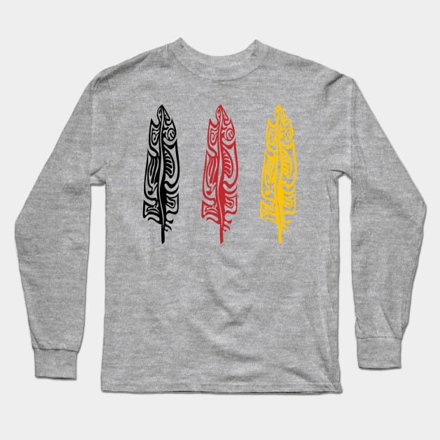 Three Feathers Medicine Wheel Colours Indigenous WAWEZHI CANADA Long Sleeve T-Shirt by WAWEZHI